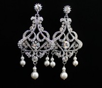 wedding photo - Pearl & Crystal Earrings, Crystal Chandelier Earrings, Statement Wedding Earrings, Rhinestone and Pearl Bridal Earrings, NINA - SHALIMAR