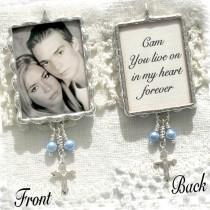 wedding photo - Photo and Quote Bouquet Charm with Sterling Silver Cross and Pearls perfect for your Wedding and as a Keepsake