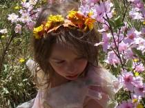 wedding photo - Fall Colors Fairy Flower Headband Garland Crown with Tiger Lilies, Small Sun Flowers, and Fall Oak Leaves, Fall Wedding Crown, Summer Bridal