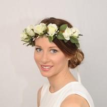 wedding photo - Ivory Floral Bridal Crown, Flower Crown, Rose Wedding Crown, Wedding Flower Crown, Rustic Headband, Flower Head Wreath, Bridal Hair Piece