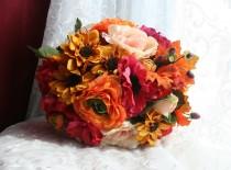 wedding photo - Autumn Bridal Bouquet & Boutonniere Set, Rustic Summer Wedding, Orange Fuchsia, Ranunculus Anemones Roses, Fall Indian Summer, Garden -SALE