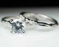 wedding photo - Petite Vintage Style Solitaire Diamond Engagement Ring & Wedding Band Complete Bridal Set Graceful Intricate Diamond Engagement Ring Set
