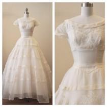 wedding photo - Vintage 1950s Silk Organza Wedding dress with lace applique detail and bias binding stripes