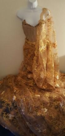 wedding photo - Exotic Golden Goddess Strapless Corset Embroidered Sequined Lace Indian Saree Sari Bridal Sheath Ballgown