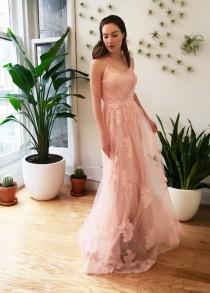 wedding photo - Romantic Pink Floral Lace Wedding Dress Boho Garden Style