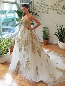 wedding photo - Gold Lace Strapless Ballgown Wedding Dress