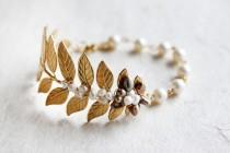 wedding photo - Gold Leaf Bracelet With Pearls Leaf Wedding Bracelet Pearl Leaf Cuff bracelet Pearl Bracelet Leaf Cuff Bracelet