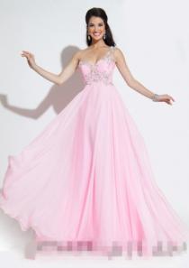 wedding photo -  Ruched Crystals Appliques Floor Length Pink One Shoulder Chiffon Blue