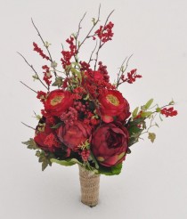 wedding photo - Wedding Flowers, Country Wedding, Red Rose, Ranunculus, Berry, Peony Bouquet wrapped in burlap.  Holly's Flower Shoppe. - New