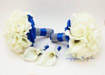 wedding photo - Royal Blue Wedding Flower Package Bridesmaid Bouquets Groomsman Boutonnieres Silk Stephanotis Real Touch Roses Real Touch Calla Lilies