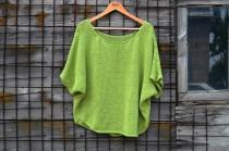 wedding photo - Cottonblend Green top Handknit Sweater Loose fit Handmade Green sweater Cotton Womens Sweater Handknit pullover Wide top Cropped Boxy top