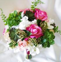 wedding photo - Wedding Succulents and Roses Bouquet -Fuchsia Roses and Hydrangeas Natural Touch Silk Flower Bride Bouquet