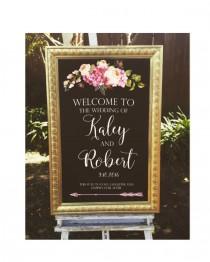 wedding photo - Welcome wedding sign, framed chalk art with gold frame, 24x36"