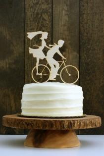 wedding photo - Rustic Bike Wedding Cake Topper with Bride and Groom Silhouettes on Bicycle