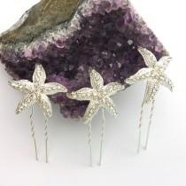 wedding photo - Silver Crystal Rhinestone Starfish Hair Pins Set of 3 Beach Wedding Hair Accessories