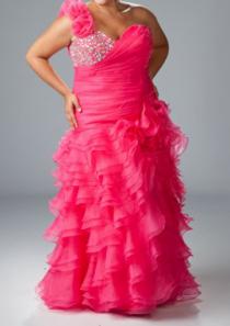 wedding photo -  One Shoulder Fuchsia Crystals Tiers Chiffon Floor Length Sleeveless Lace Up A-line Ruched Plus Size