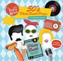 wedding photo - 50s Party Printables Photo Booth Props with digital mustache lips comb milkshake photo booth signs for your 1950’s party - Instant Download