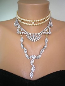 wedding photo -  Gatsby Bridal Necklace Pearl Choker Art Deco Statement Jewelry Rhinestone Bib Repurposed Upcycled Vintage Wedding Jewellery Edwardian Style