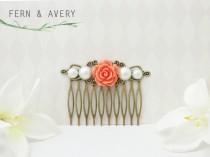 wedding photo - Coral pink, white pearl and gold bronze hair comb. Coral hair clip. Wedding bridal hair.