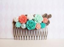 wedding photo - Coral pink, mint green, turquoise hair comb. Choose gold, silver or bronze