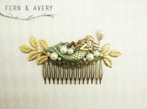 wedding photo - Mermaid hair comb. Gold green ivory vintage style comb. Bronze pearl comb.