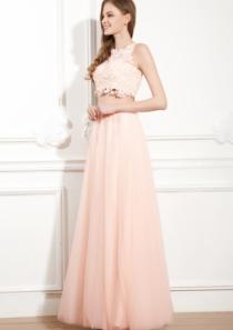 wedding photo -  Chiffon Ruched A-line Pink Sleeveless Floor Length Appliques Two-piece