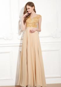 wedding photo -  Chiffon Champagne A-line V-neck Appliques Zipper Ruched Sleeveless Floor Length