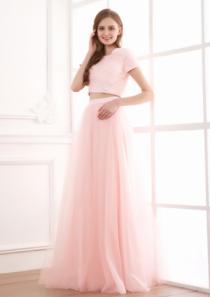 wedding photo -  Ruched Two-piece Scoop Short Sleeves A-line Chiffon Pink Floor Length
