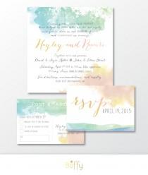 wedding photo - The HAYLEY . Watercolor Wedding Invitation & RSVP Postcard . Calligraphy Blush Teal Gold Green Birthday Party Outside Beach Wedding . PDF