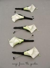 wedding photo - Real Touch White Calla Lily Boutonnieres Groom Groomsmen Wedding Flower Package Black Ribbon - Customize For Your Wedding Colors