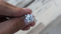 wedding photo -  Moissanite Rings in Australia, USA, UK, Canada - 1 Carat Forever One Moissanite & Diamond Flower Lotus Halo Engagement Ring - Diamond Bloom - Engagement Rings for W