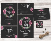 wedding photo -  Printable Wedding Invitation, Black wedding invitation, Wedding Invitation Set, Printable Wedding Invite, Floral Wedding Invitation