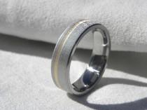 wedding photo - Wedding Ring, Titanium Yellow Gold Band, Frosted, Offset Inlay