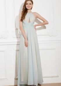 wedding photo -  Ankle Length Open Back Halter Blue Sleeveless Chiffon Ruched A-line