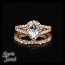 wedding photo - Pear Cut White Sapphire Wedding Set in 14kt Rose Gold with Pave Set Diamond Wedding Band - LS2842