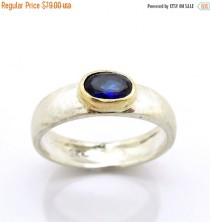 wedding photo - ON SALE Blue sapphire ring set in gold and a matte silver band