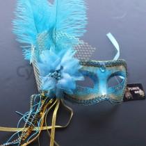 wedding photo - Turquoise Venetian Ostrich Feather Mask for Wedding Masquerade 4B5A SKU: 6F42