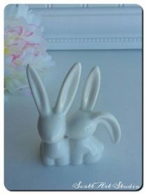 wedding photo - Bunny Cake Topper, White, Ring Holder, small cute porcelain bunnies