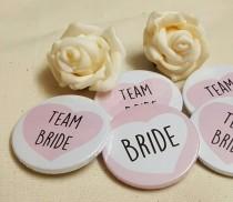 wedding photo - 38mm (1.5inch) Size - Quirky Heart Hen Do Badges / Hen Party Badges / Wedding / Team Bride Badge (A Set) - PINK