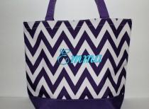 wedding photo - Bridesmaid Tote Bag, Chevron Bag, Personalized Tote Bag, Purple Bag