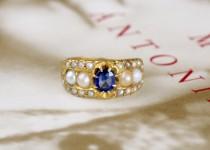 wedding photo - Antique Georgian Sapphire Engagement Ring, Victorian Sapphire Pearl Ring, 18k Gold Pearl Engagement Ring, Antique Engagement Ring, Austen