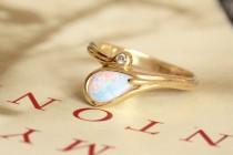 wedding photo - Opal Diamond Ring, Vintage Snake Bypass Ring, 14k Gold Vintage Art Nouveau Alternative Engagement Ring, Australian Opal Cocktail Ring