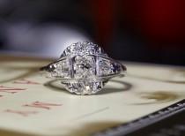 wedding photo - Art Nouveau Diamond Engagement Ring, Edwardian Engagement Ring, 14k White Gold Platinum Antique Engagement Ring, Art Nouveau Engagement Ring