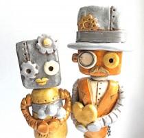 wedding photo - Metallic Steampunk Robots in Love Wedding Cake Topper on Gear Base