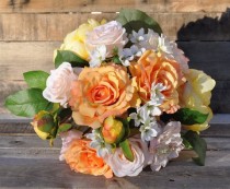 wedding photo - Wedding Bouquet, Bridal Bouquet, Yellow Peony And Orange Rose Bouquet With Peach Roses And White Daisies Silk Flower Bouquet
