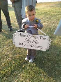 wedding photo - CUSTOM Wedding Signs - Here Comes My MOMMY - REVERSIBLE Flower Girl Ring Bearer 10x24 Personalized