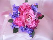 wedding photo - Wedding Bridal Bouquet Package Pink Open Roses Lilacs Orchids  Pearls Boutonniere  BB#125