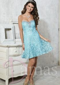 wedding photo -  Lace Blue Sleeveless A-line Short Length Sweetheart Crystals Lace Up