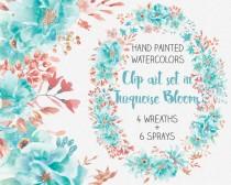 wedding photo - Watercolor clip art set: hand painted turquoise blooms; wreaths and sprays; wedding clip art; weddings; instant download