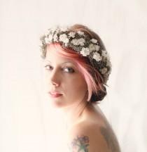 wedding photo - SALE - Gray and ivory flower crown, Baby's Breath wreath, Bridal flower headpiece, grey floral hair crown, Whimsical wedding head piece